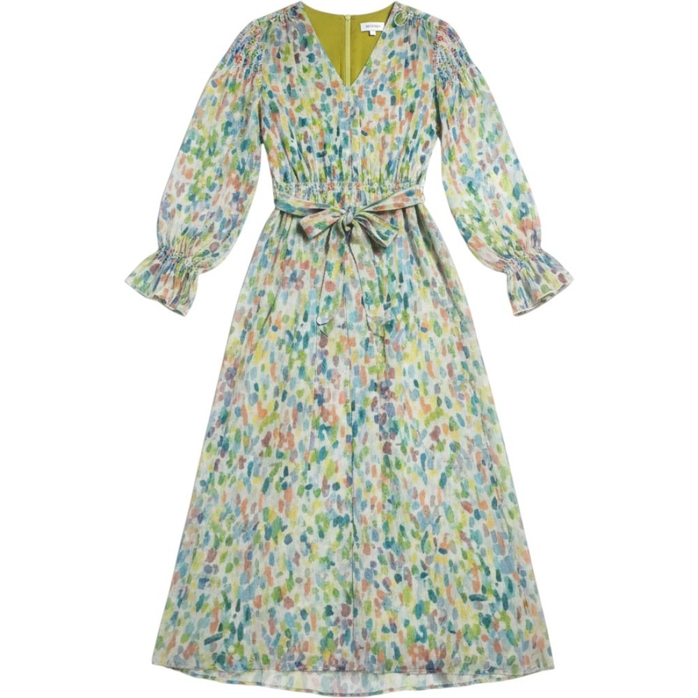 The Fold London Silk Brushstroke Midi Dress V-Neck Long Sleeve Multicolor 8